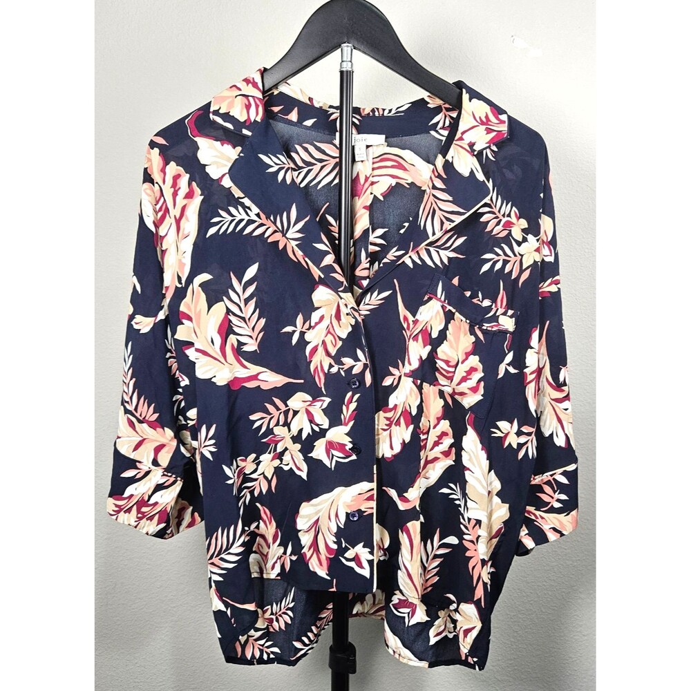 Joie 100% Viscose Tropical Palm Blouse S Pajama Camp Shirt Boxy Piping Resort